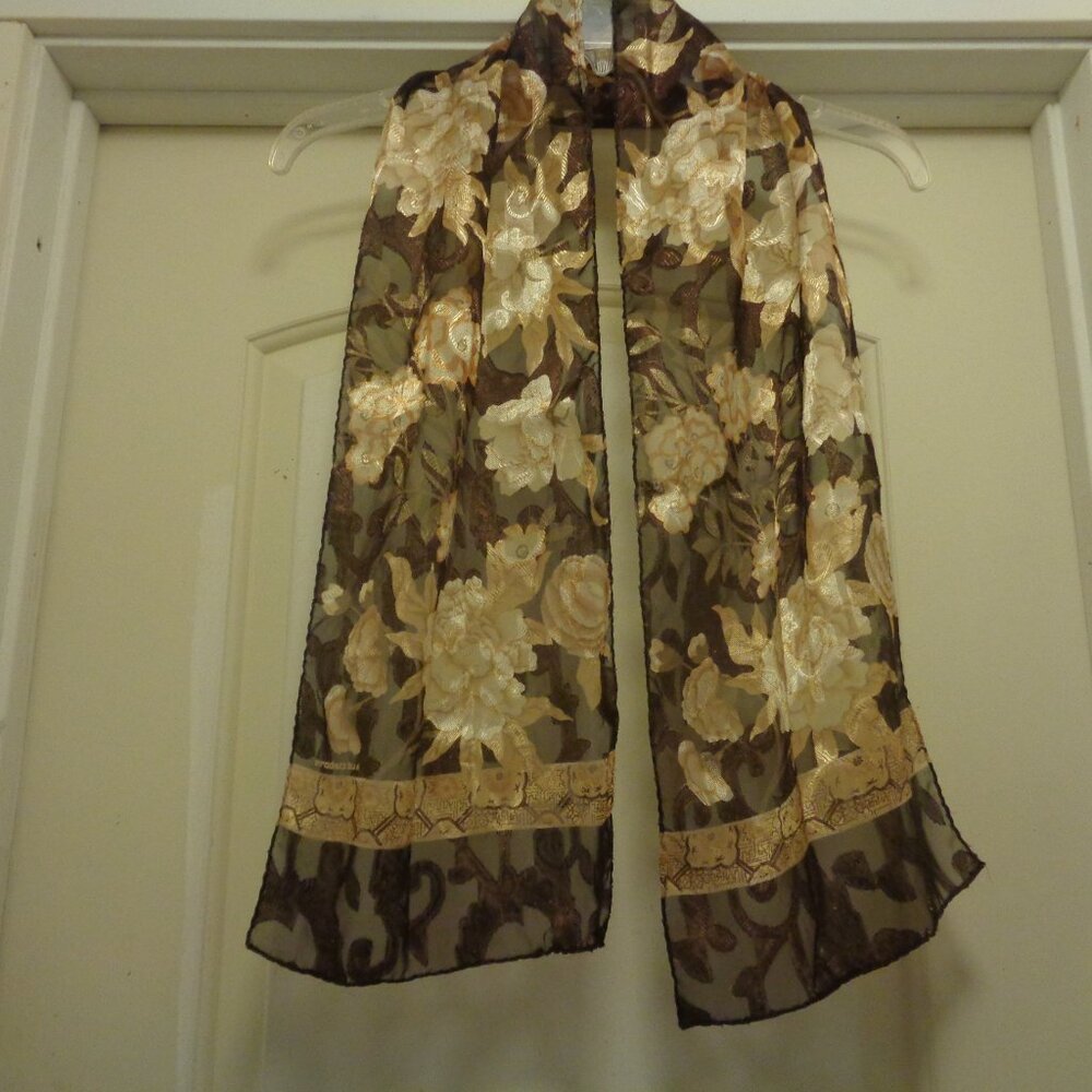 TRENDING FEMININE PAST ROMANCE GIRL MOCHA MOUSSE & BEIGE FLORALS CHIFFONY SCARF